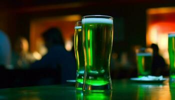 män dryck skummande öl på bar disken i upplyst pub genererad förbi ai foto