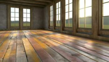 modern parkett golv ljusnar tömma loft lägenhet med naturlig solljus genererad förbi ai foto