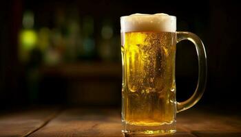 skummande öl släppa på bar disken, uppfriskande kall gul förfriskning genererad förbi ai foto