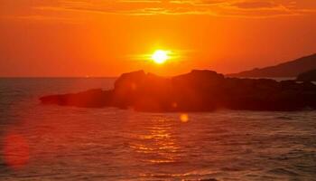 vibrerande solnedgång över lugn vattnen, ett idyllisk tropisk semester scen genererad förbi ai foto