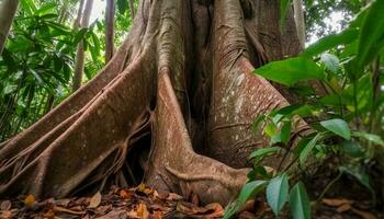 vibrerande banyan träd växer i tropisk regnskog, omgiven förbi vilda djur och växter genererad förbi ai foto