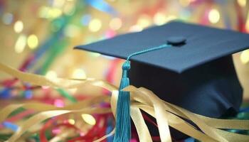 gradering Framgång berömd med diplom, keps, och färgrik tofs dekoration genererad förbi ai foto