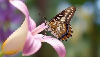 makaonfjäril fjäril pollinerar vibrerande blomma i lugn tropisk scen genererad förbi ai foto