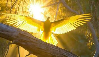 ett fiskmås perching på en gren på solnedgång, spridning vingar genererad förbi ai foto