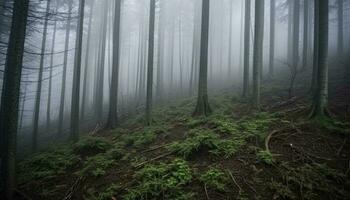 lugn scen av ouppodlad skog, försvinnande punkt i distans genererad förbi ai foto