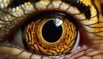 gul reptil öga stirrande, elegant mönster i makro fotografi genererad förbi ai foto