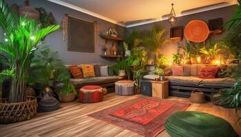 modern lyx levande rum med bekväm soffa och elegant dekoration genererad förbi ai foto