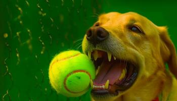 gyllene retriever spelar tennis boll utomhus, njuter sommar roligt genererad förbi ai foto