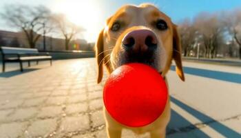 leende labrador spelar med leksak boll i sommar solljus genererad förbi ai foto