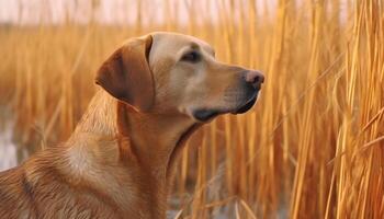 gyllene retriever Sammanträde i äng, njuter höst skönhet genererad förbi ai foto