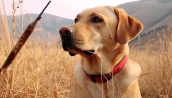 gyllene retriever valp gående i lugn lantlig äng landskap genererad förbi ai foto