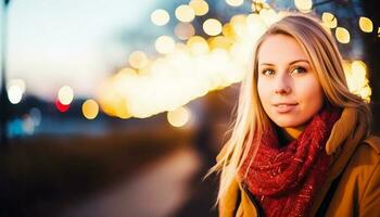 ung vuxen kvinna åtnjuter vinter- stad liv under gata ljus genererad förbi ai foto