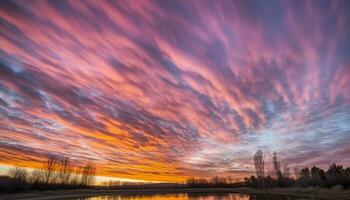 vibrerande solnedgång över lugn landskap, reflekterande på lugna vattnen genererad förbi ai foto