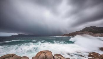 dramatisk himmel över berg och klippa, brytning Vinka på sten genererad förbi ai foto