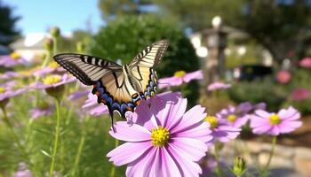 makaonfjäril fjäril pollinerar rosa kosmos, visa upp naturlig skönhet i springtime genererad förbi ai foto