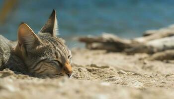 fluffig kattunge vilar på sand, stirrande med blå ögon genererad förbi ai foto