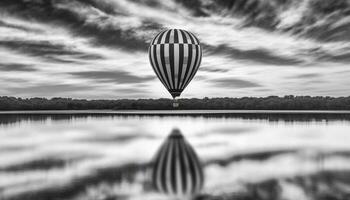 svävar ballong flyter över berg landskap i svart och vit genererad förbi ai foto