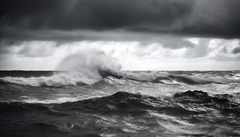 olycksbådande storm moln brytning över grov havsbild, rörelse och vördnad genererad förbi ai foto