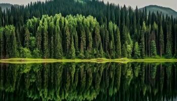 lugn scen av naturlig skönhet, berg räckvidd speglar i damm genererad förbi ai foto