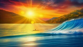 solnedgång över de lugn havsbild, surfare rida de vågor genererad förbi ai foto