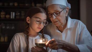 mång generation familj bindning, njuter vin och samhörighet inomhus genererad förbi ai foto