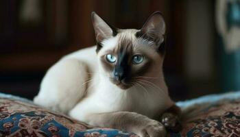 fluffig kattunge vilar på blå soffa, stirrande med blå ögon genererad förbi ai foto