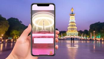 hand innehav smart telefon visar upplyst stad horisont på skymning genererad förbi ai foto