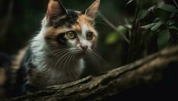 söt kattunge stirrande på kamera, omgiven förbi natur mjukhet genererad förbi ai foto