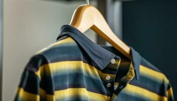 modern randig skjorta samling hängande i elegant boutique Lagra genererad förbi ai foto