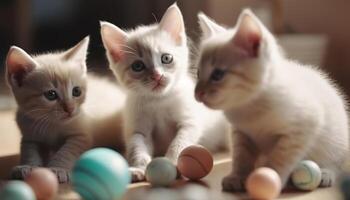 fluffig gul kattunge spelar med leksak boll inomhus, charmig porträtt genererad förbi ai foto