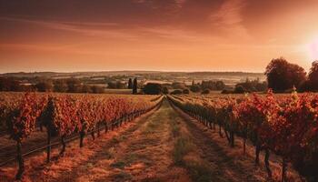 solnedgång över vingård i lugn napa dal, skörd höst vindruvor genererad förbi ai foto