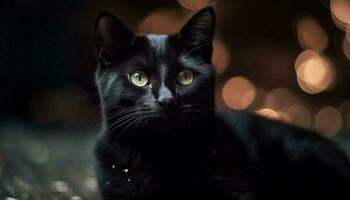 en söt svart kattunge stirrande på de kamera utomhus genererad förbi ai foto