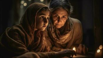 två familjer bindning inomhus, bön- med levande ljus i firande genererad förbi ai foto