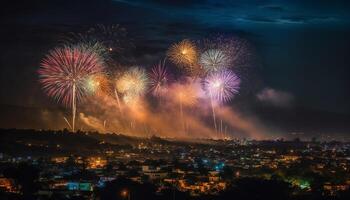 explosiv fyrverkeri belysa stad horisont i vibrerande firande av fjärde av juli genererad förbi ai foto