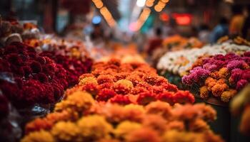 färsk mång färgad buketter för försäljning på utomhus- blomma marknadsföra genererad förbi ai foto