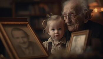 en mång generation familj bindning över böcker, kärlek, och samhörighet inomhus genererad förbi ai foto