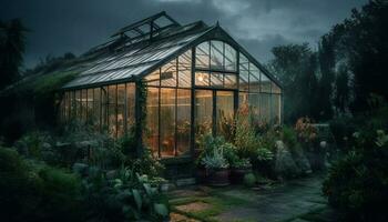 organisk tillväxt upplyst förbi modern belysning Utrustning i växthus industri genererad förbi ai foto