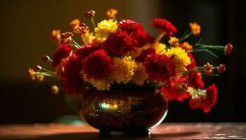 en rustik bukett av mång färgad blommor i en krukmakeri vas genererad förbi ai foto