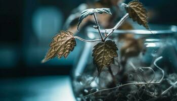 organisk höst gren med våt blad i glas vas dekoration genererad förbi ai foto