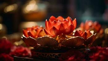 lotus vatten lilja, symbol av andlighet, i lugn damm genererad förbi ai foto