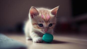 söt kattunge spelar med blå boll, fokus på förgrund roligt genererad förbi ai foto