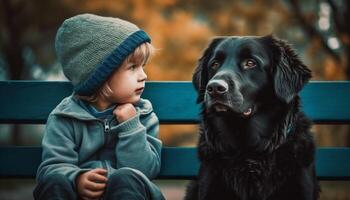 liten flicka sittande med söt hund generativ ai foto