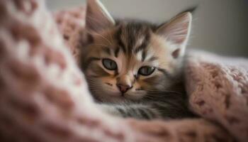 en charmig, lekfull kattunge vilar på en fluffig kudde inomhus genererad förbi ai foto