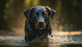 labrador retriever stänk i våt utomhus, lekfull och bortskämda genererad förbi ai foto