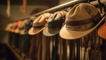 elegant cowboy hattar hänga i en rad på de boutique genererad förbi ai foto