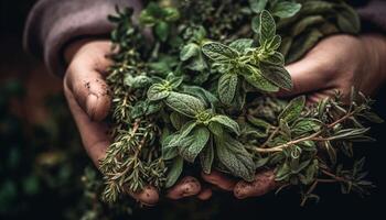 ett man innehav fröplanta, plantering för tillväxt i vegetabiliska trädgård generativ ai foto