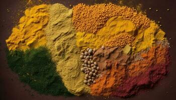 mång färgad kryddor skapa en vibrerande kulinariska bakgrund genererad förbi ai foto