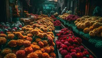 mång färgad blommor för försäljning på utomhus- marknadsföra genererad förbi ai foto