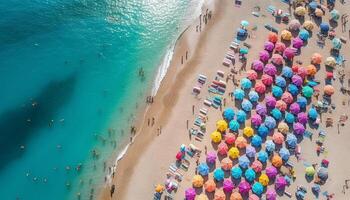 fullt med folk strand tillflykt, roligt i de Sol genererad förbi ai foto