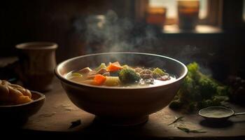 färsk vegetabiliska soppa, friska måltid för lunch genererad förbi ai foto